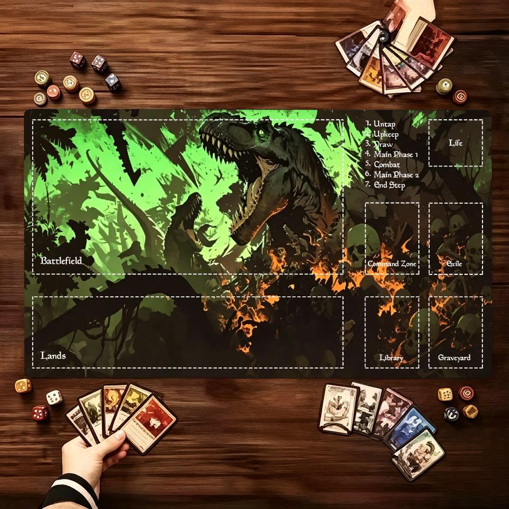 Jungle Desk Setup - แผ่นรองเล่นเกมขนาดใหญ่ลายไดโนเสาร์ในป่าลึกลับ พร้อมขอบเย็บยางกันลื่น สำหรับการเล่นเกมการ์ดแลกเปลี่ยนและจัดโต๊ะเกม