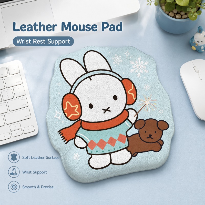 Desk Setup Accessories - แผ่นรองเมาส์หนังลายมิฟฟี่พร้อมที่รองข้อมือ แผ่นรองโต๊ะคอมพิวเตอร์ขนาดเล็ก ออกแบบเพื่อรองรับข้อมือสำหรับการใช้งานกับแล็ปท็อป คอมพิวเตอร์ตั้งโต๊ะ และโต๊ะทำงานในสำนักงาน