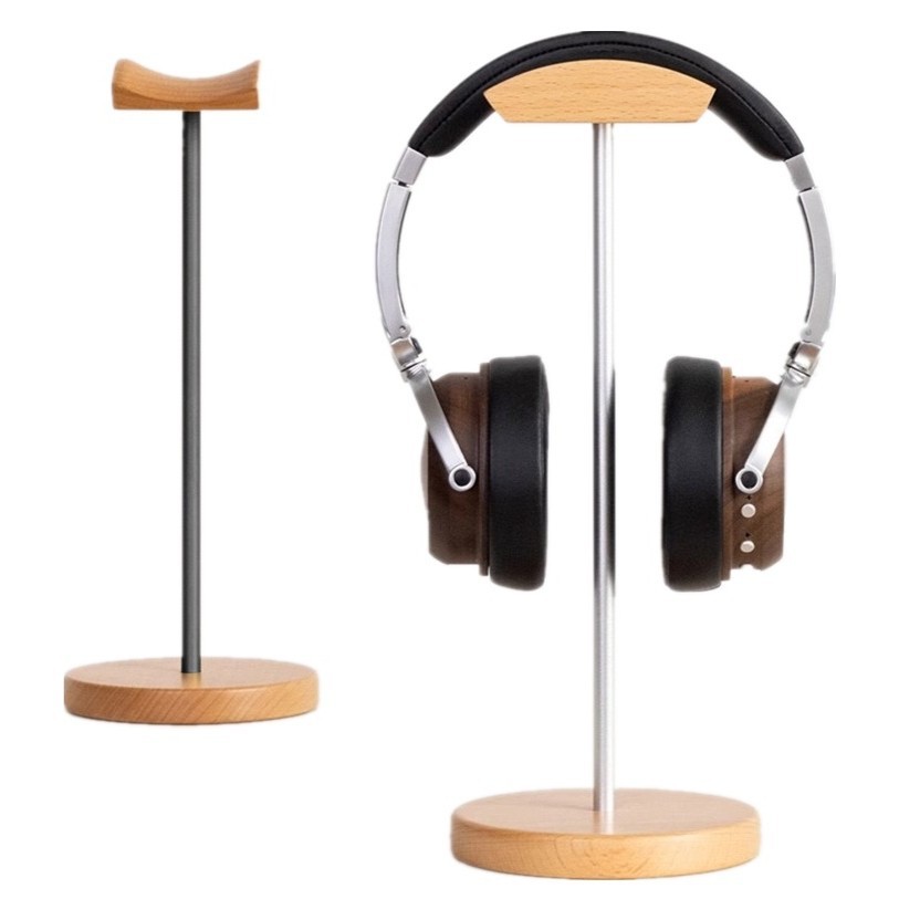 Gaming Setup Desk - ขาตั้งหูฟังไม้แบล็ควอลนัทและอะลูมิเนียม ที่วางหูฟังเกมมิ่งลายไม้วอลนัทธรรมชาติ พร้อมฐานโลหะแข็งแรงสำหรับวางบนโต๊ะ