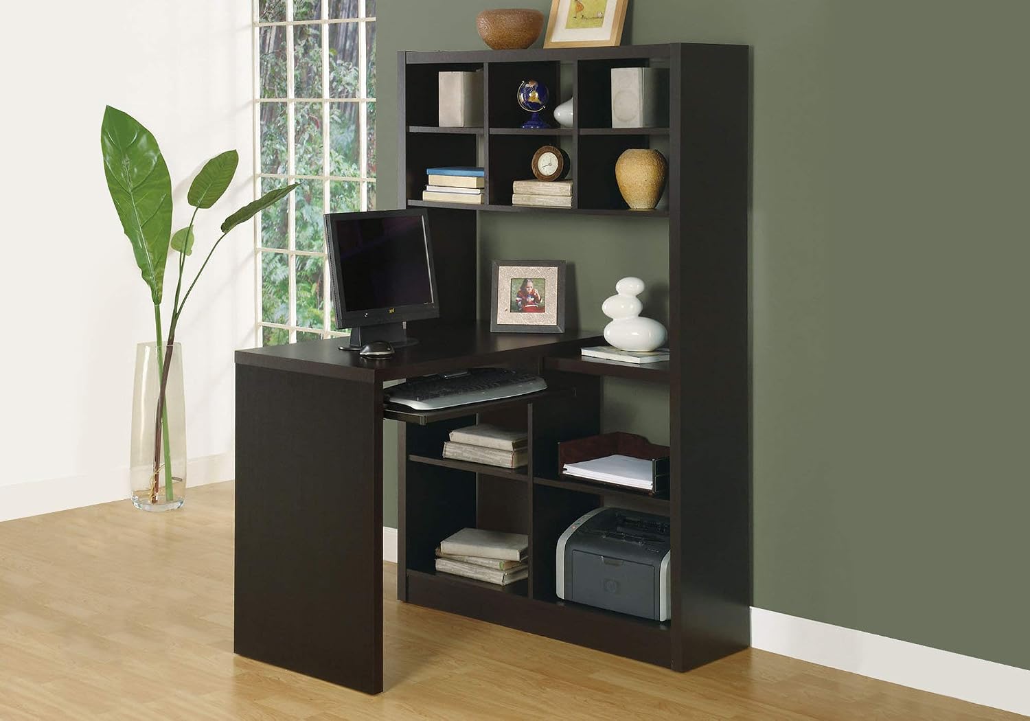 Desk Setup Corner - โต๊ะเข้ามุมพร้อมชั้นวางของปรับระดับได้ ขนาด 60 นิ้ว ติดตั้งได้ทั้งด้านซ้ายหรือขวา สีคาปูชิโน่