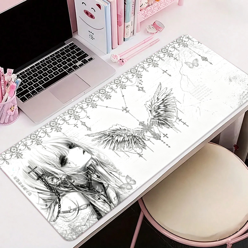 Desk Setup Mat - แผ่นรองเมาส์หนังสีดำสีขาวอะนิเมะความงามของสาวนางฟ้าแผ่นรองเมาส์อุปกรณ์สำนักงานคีย์บอร์ดเกมพีซีอีสปอร์ต HD แผ่นรองโต๊ะ
