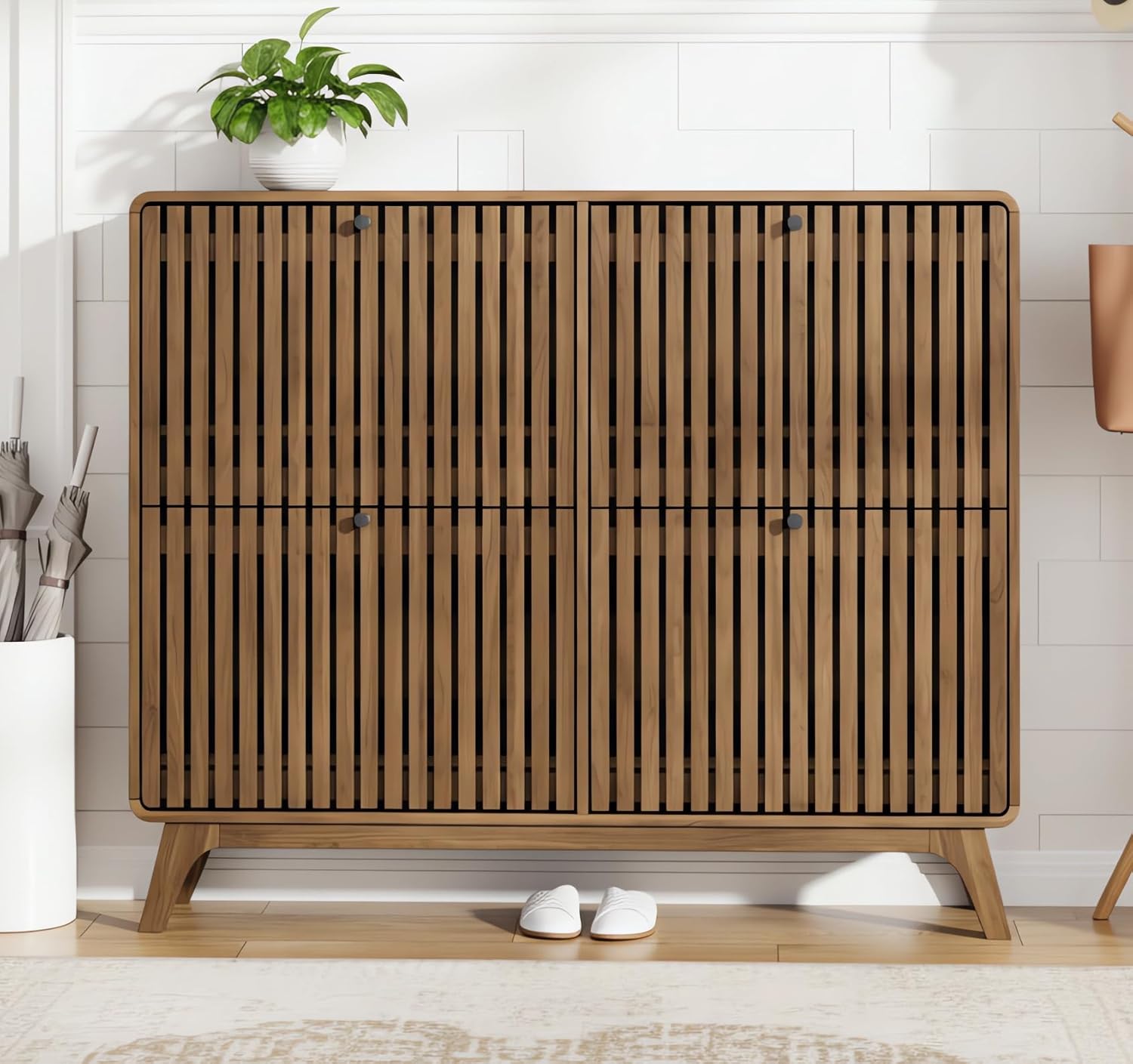 Drawer Organizer Bamboo - # ตู้เก็บรองเท้าไม้ไผ่ขนาดใหญ่ 4 ลิ้นชักแบบพับได้ ชั้นวางของทรงเพรียวบางสำหรับทางเข้าบ้าน/โถงทางเดิน ตู้เก็บของไม้บาง