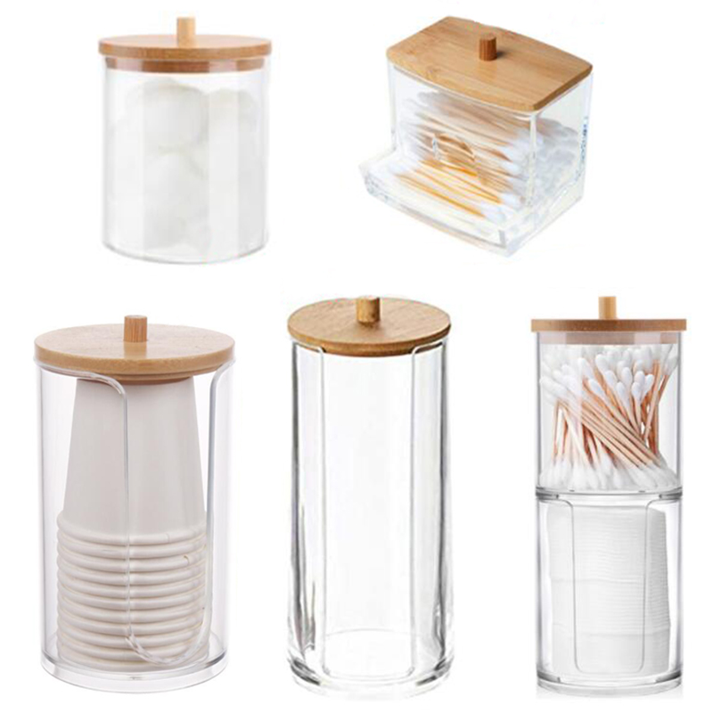 Drawer Organizer Bamboo - กล่องเก็บของอะคริลิคห้องน้ํา Jar แต่งหน้าผ้าฝ้ายรอบผู้ถือผ้าฝ้าย Swab กล่อง Qtip