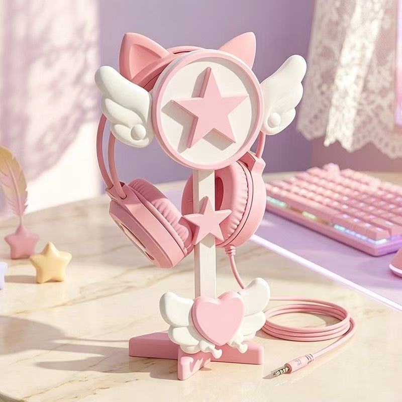 Desk Setup Accessories - ขาตั้งหูฟังสไตล์ญี่ปุ่น ตกแต่งห้องอีสปอร์ต ขาตั้งหูฟังแบบครอบหูสำหรับคอมพิวเตอร์ ลายการ์ตูนน่ารัก สีชมพู ของขวัญสุดน่ารัก