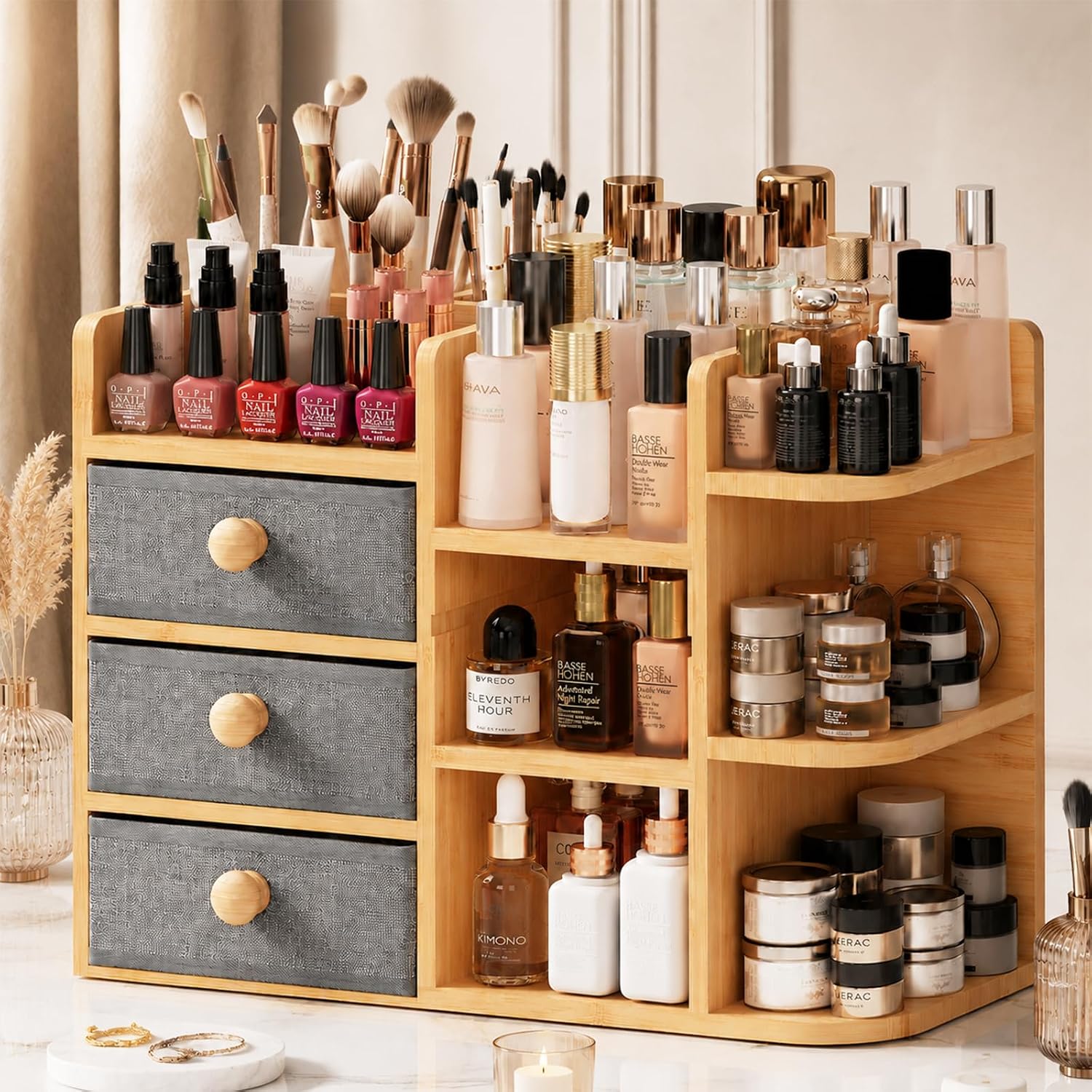 ชั้นวางเครื่องสำอางแบบ 3 ชั้น  - Drawer Organizer Bamboo บทวิจารณ์และราคา