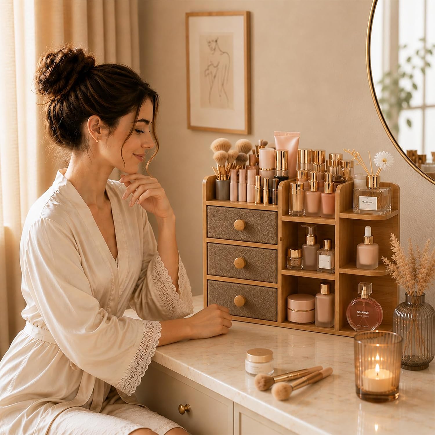 ชั้นวางเครื่องสำอางแบบ 3 ชั้น  - Drawer Organizer Bamboo บทวิจารณ์และราคา